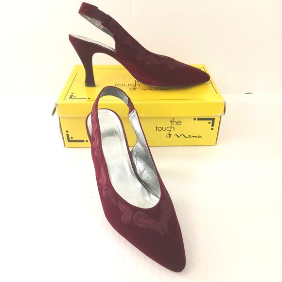 The Touch of Nina Bordeaux Velvet Slingback High Heel Pumps Shoes - Picture 1 of 16